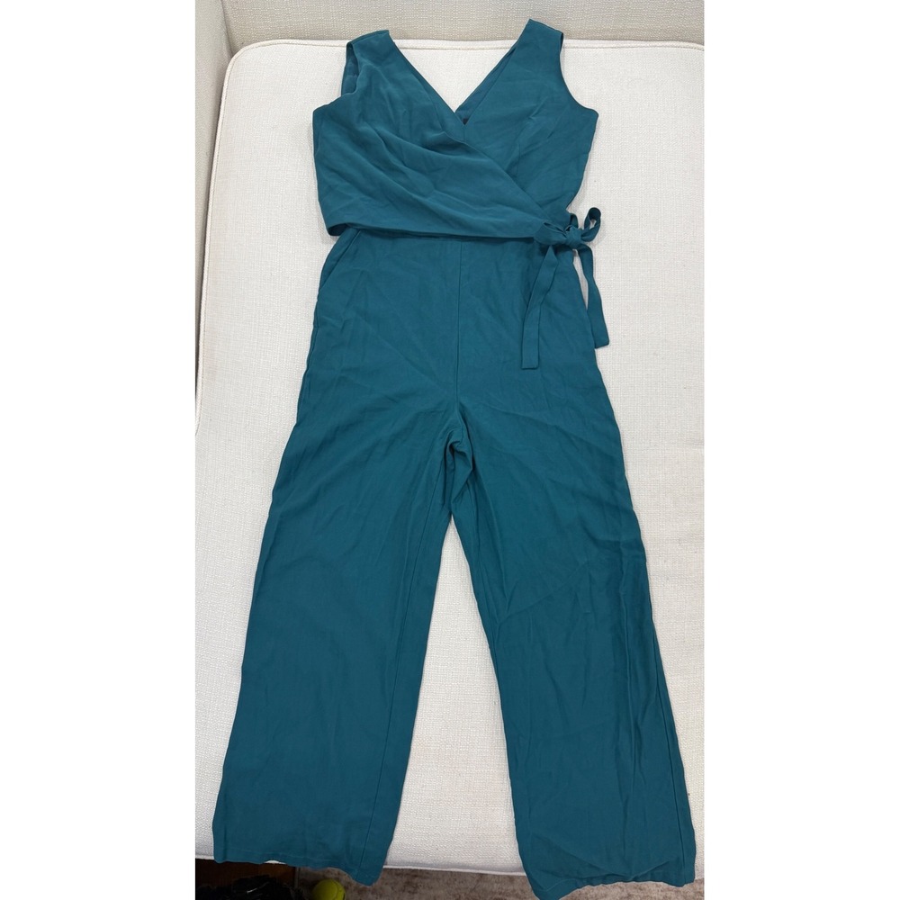 1.STATE Jumpsuit Womens 2 Teal Wrap V-Neck Wide Leg Sleeveless Excellent